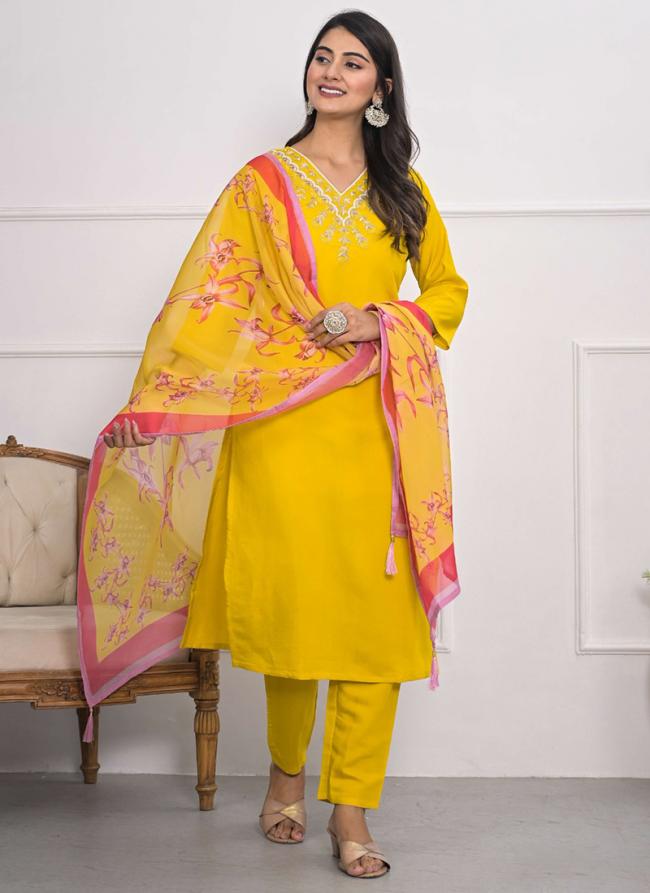 Viscose Silk Yellow Festival Wear Embroidery Work Readymade Kurti Set